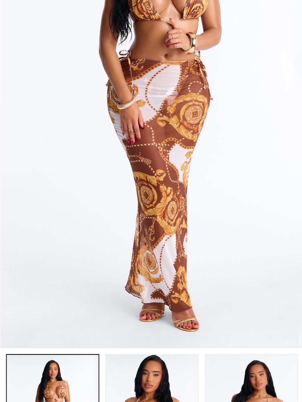 Fashion Nova Brown & White Chain-Print Maxi Skirt